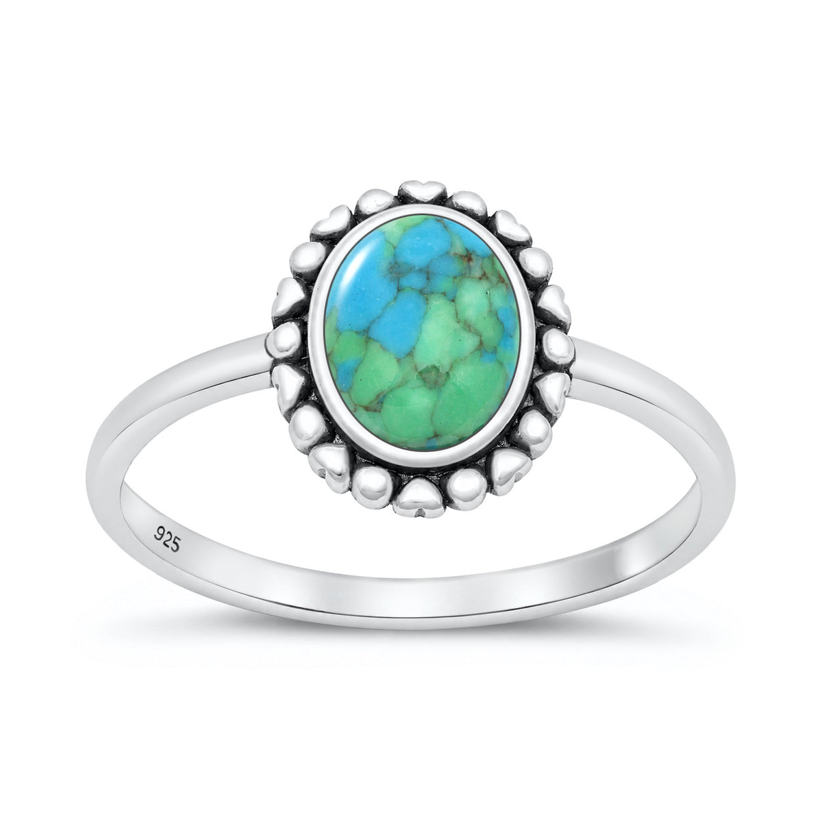 Silver Oval Stone Ring with Heart Border