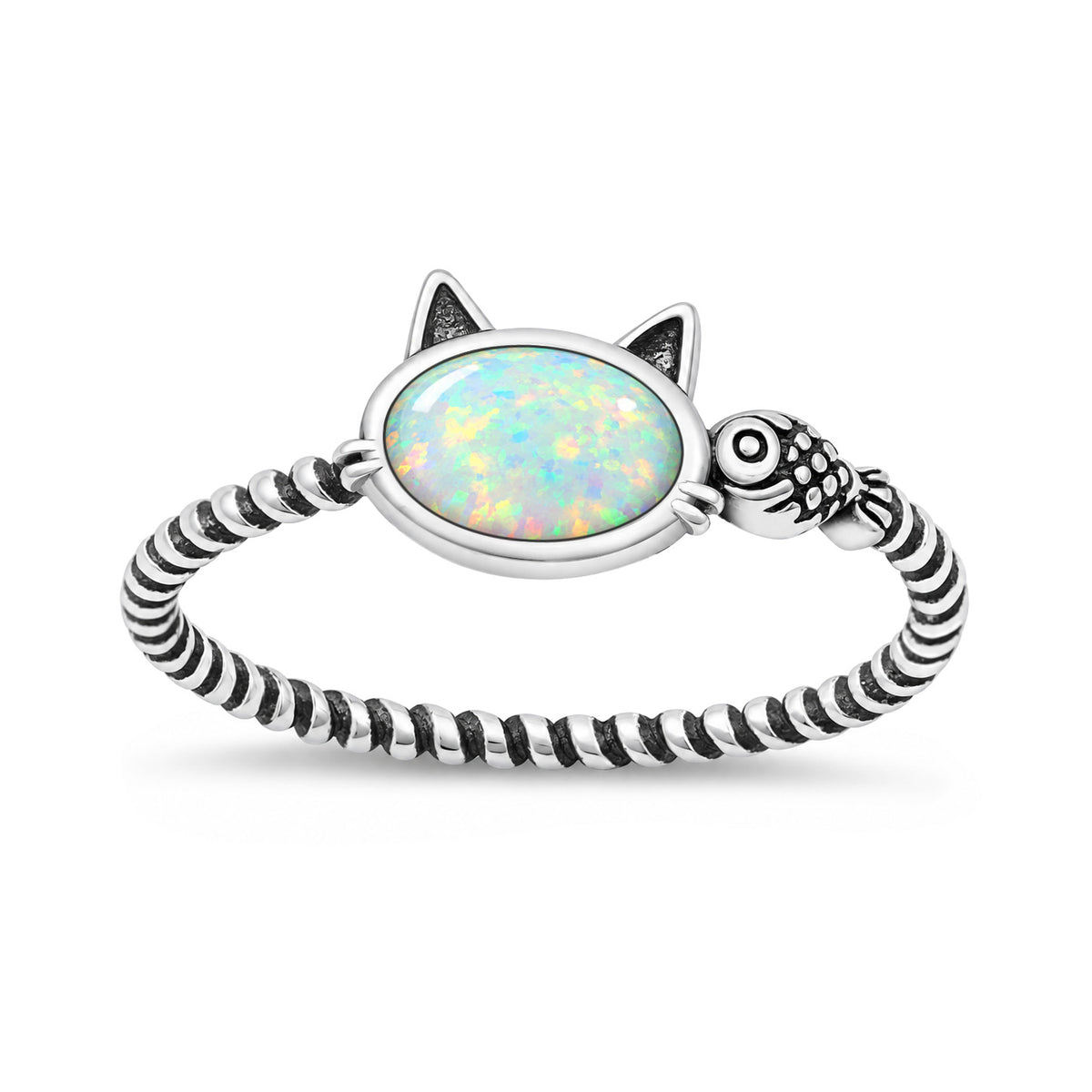 Silver Stone Ring - Cat & Fish