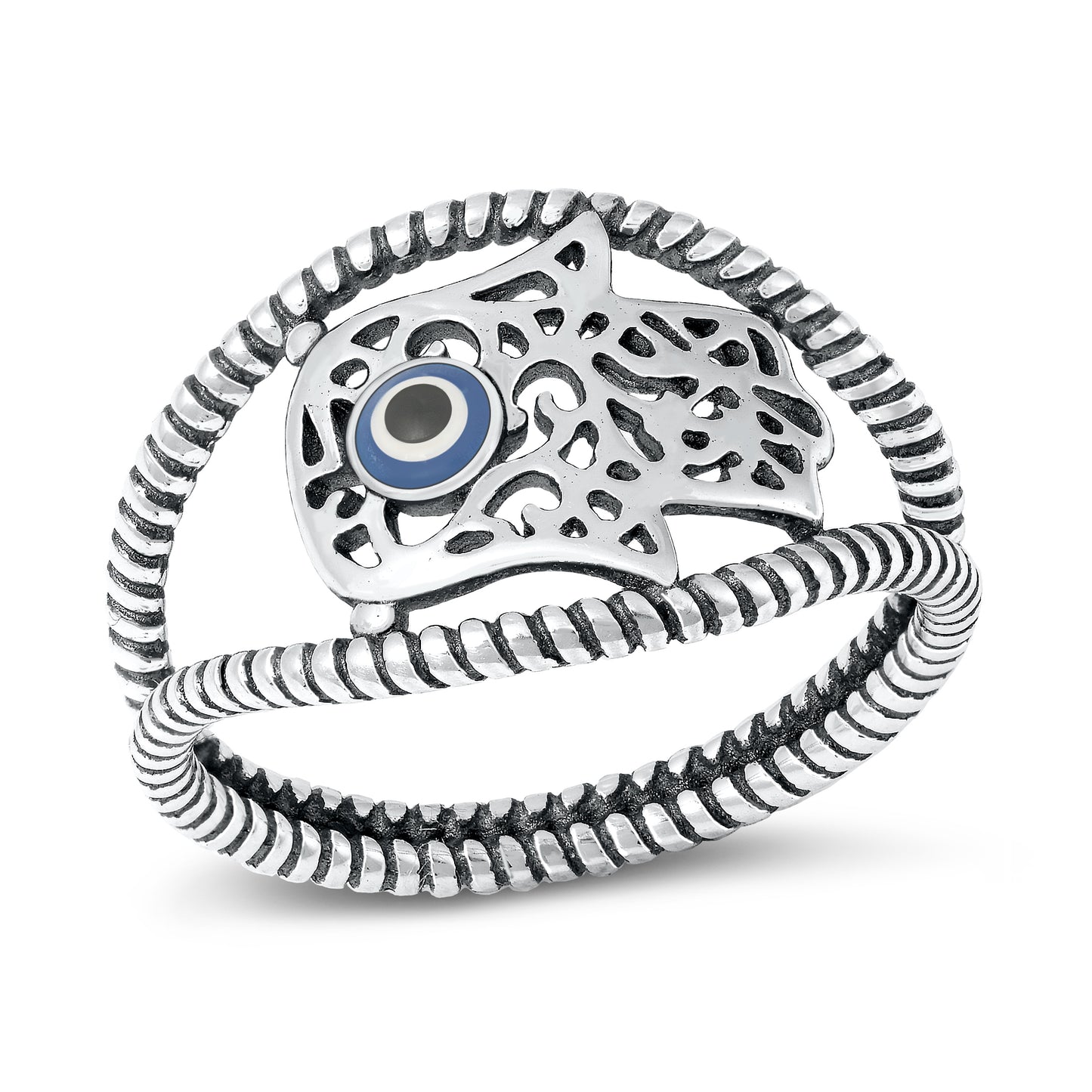 Silver Stone Ring - Hamsa & Evil Eye