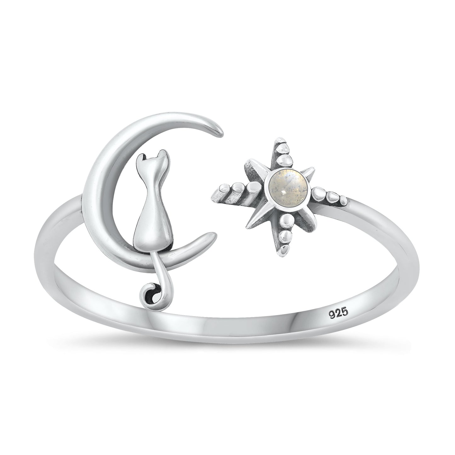 Silver Stone Ring - Cat on Moon & Star