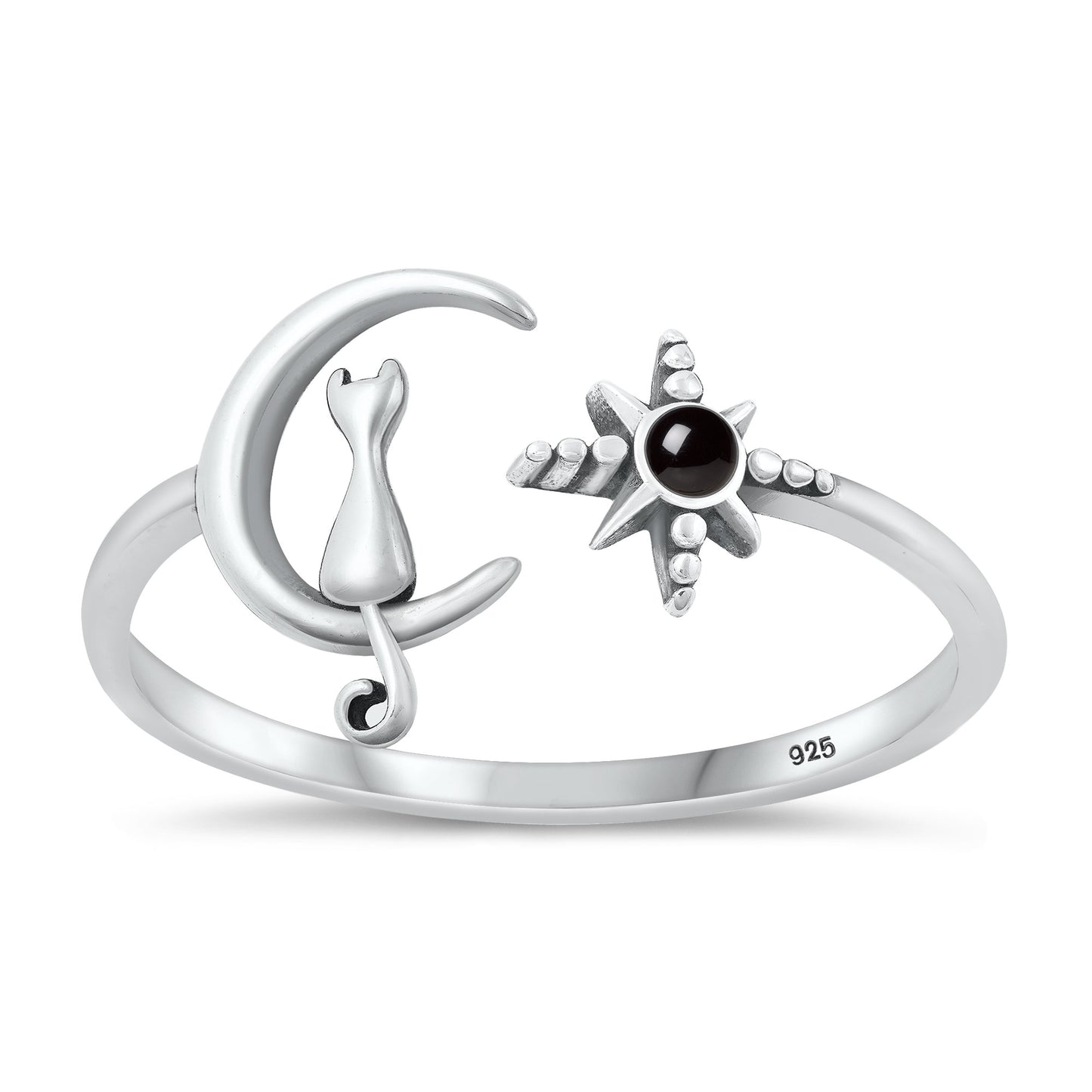 Silver Stone Ring - Cat on Moon & Star