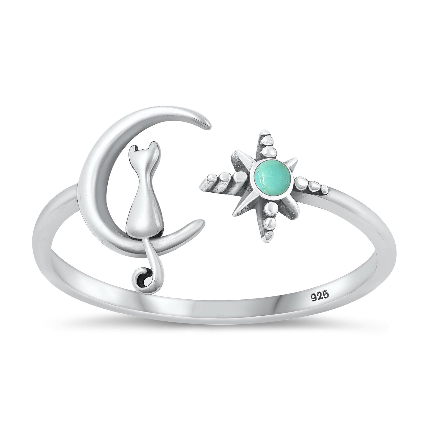 Silver Stone Ring - Cat on Moon & Star