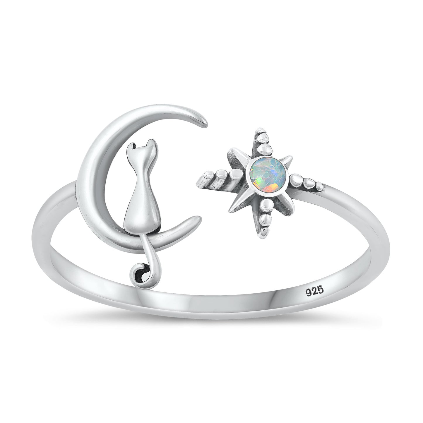 Silver Lab Opal Ring - Cat on Moon & Star