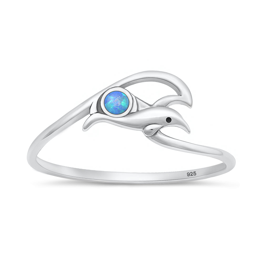 Silver Lab Opal Ring - Dolphin & Wave