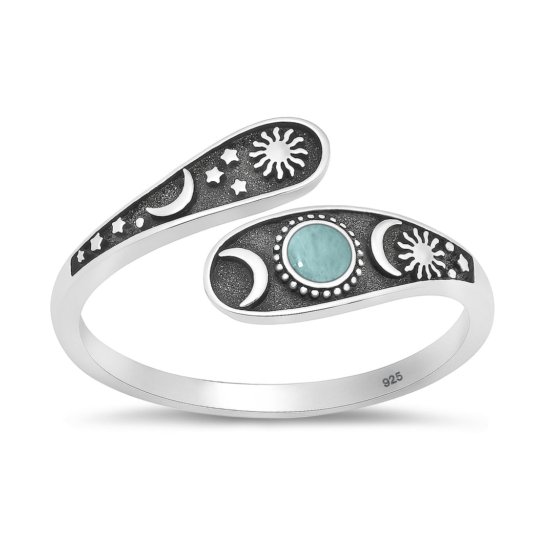 Silver Stone Ring - Celestial Sun Moon Stars