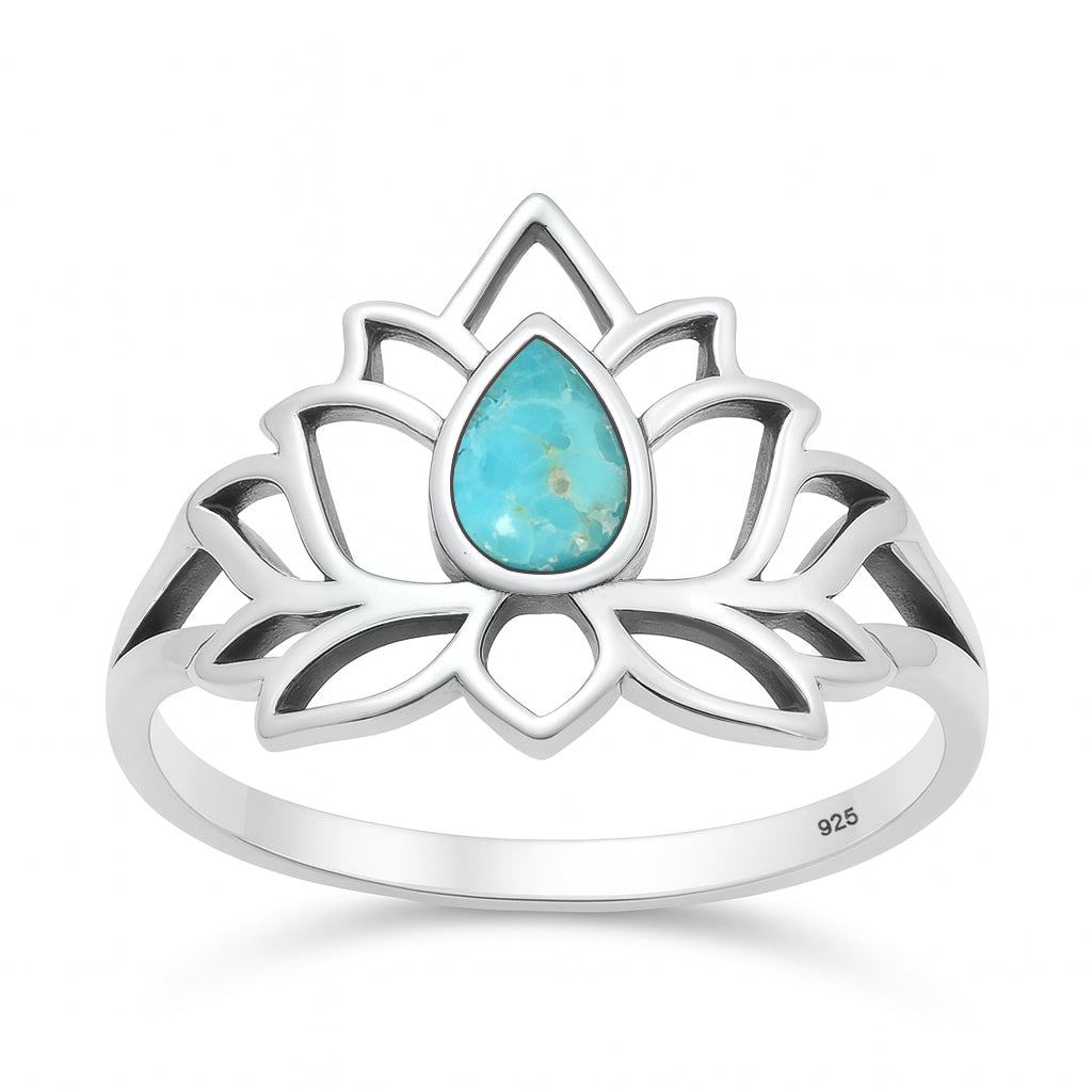 Silver Stone Ring - Lotus Flower