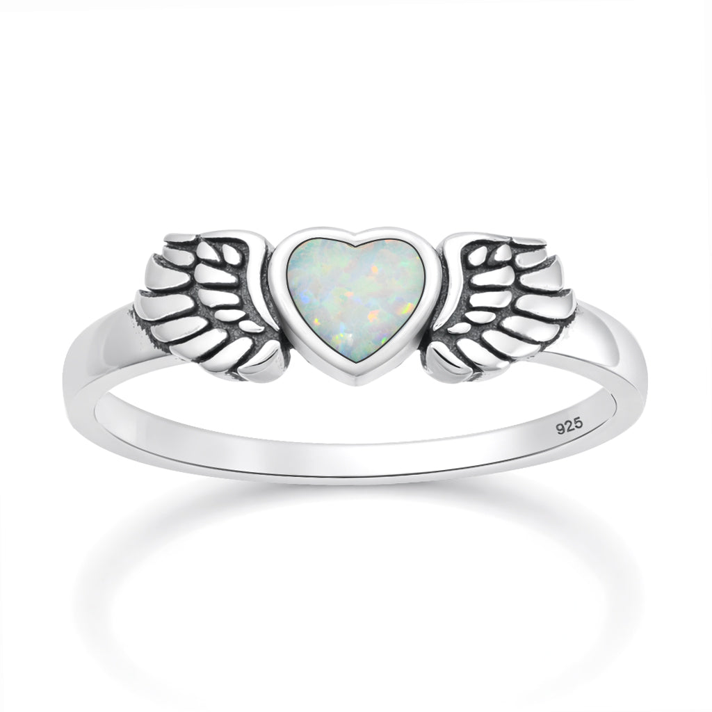 Silver Lab Opal Ring - Heart & Wings