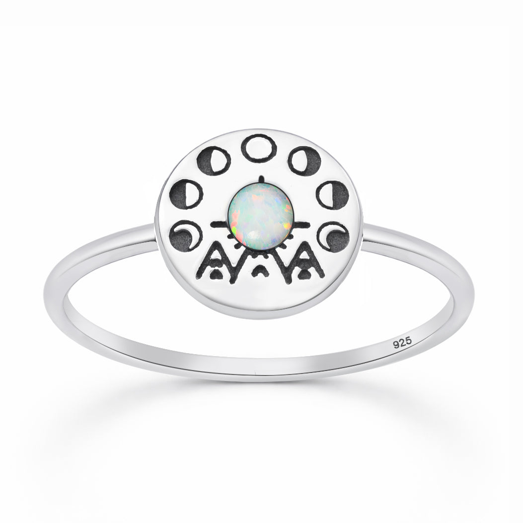 Silver Lab Opal Ring - Tribal Moon Phase