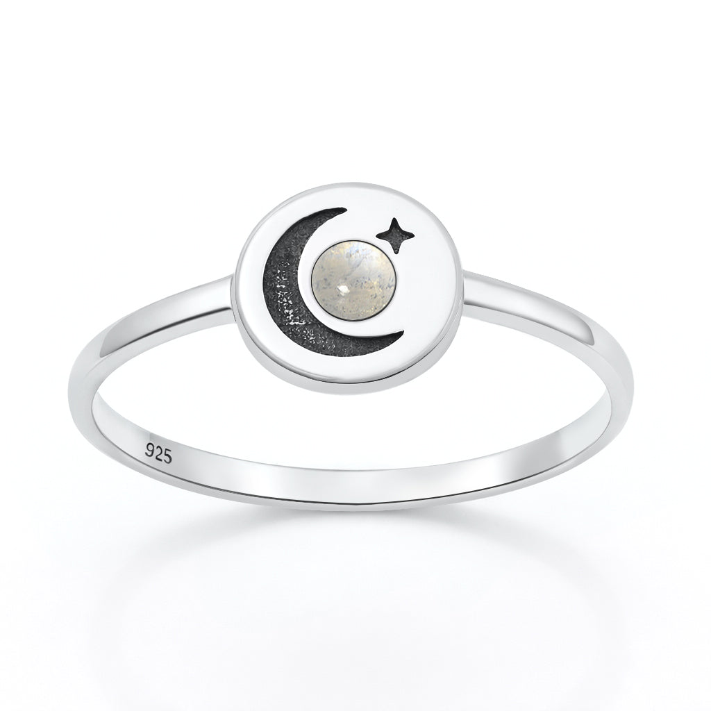 Silver Stone Ring - Moon & Star