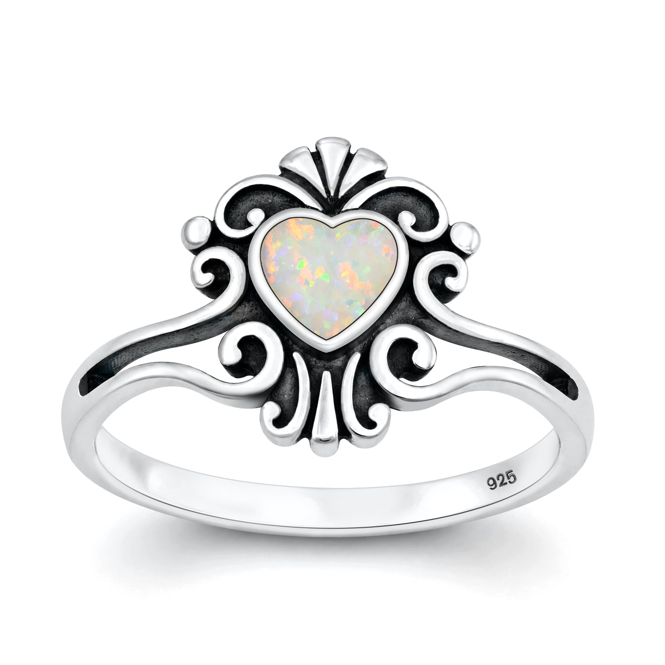 Silver Lab Opal Ring - Heart Filigree