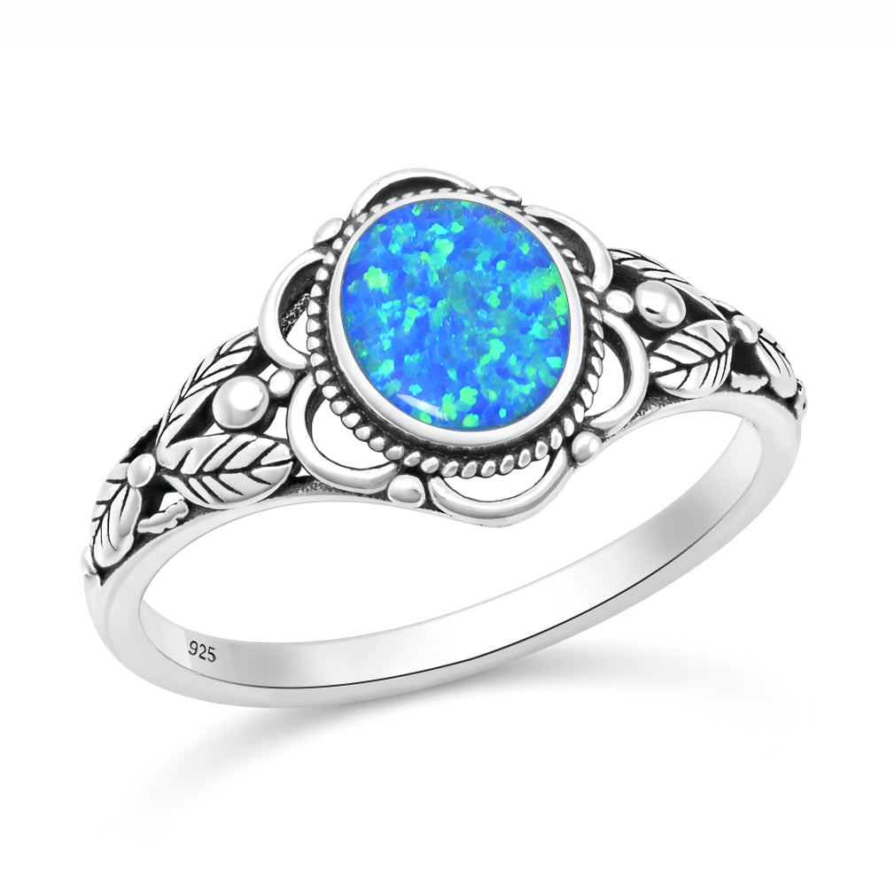 Silver Lab Opal Ring - Bali Leaves