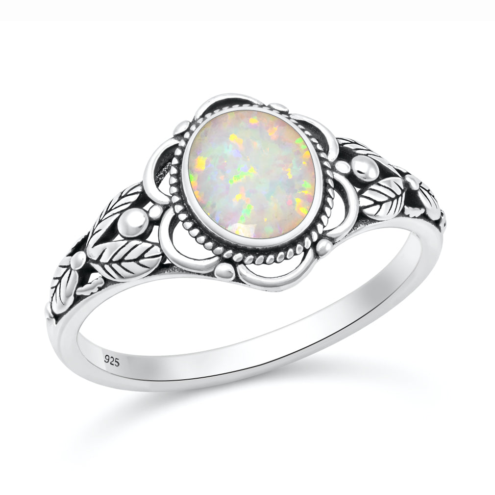 Silver Lab Opal Ring - Bali Leaves