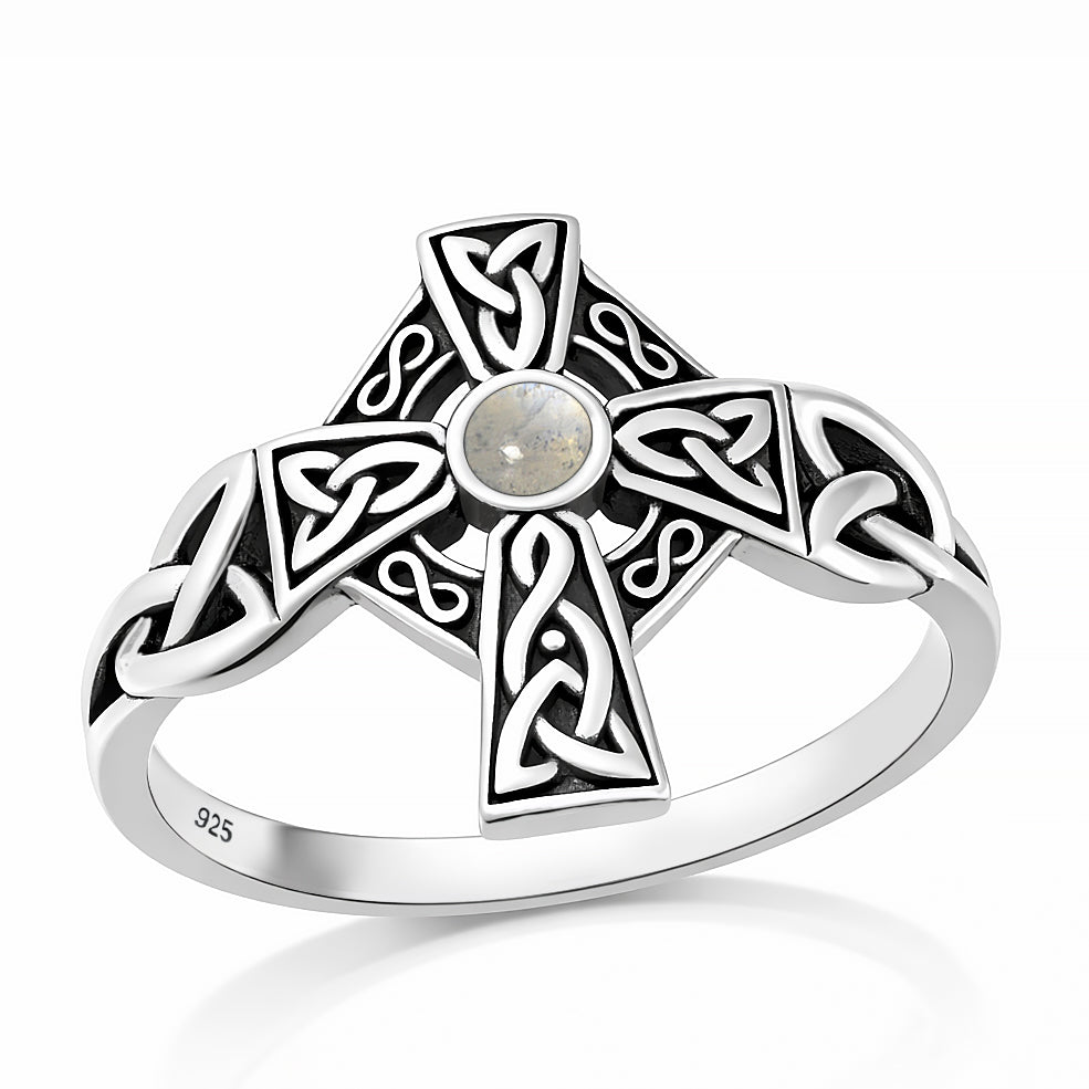 Silver Stone Ring - Celtic Cross