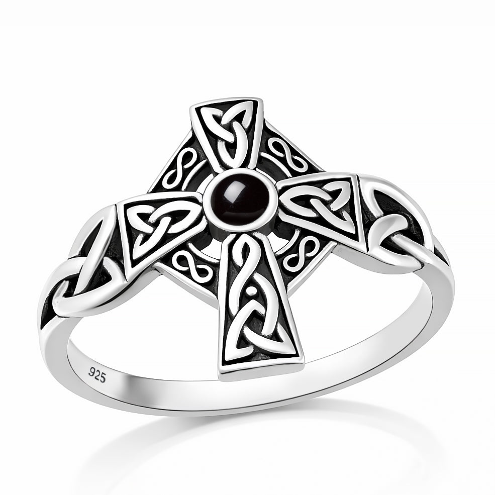 Silver Stone Ring - Celtic Cross