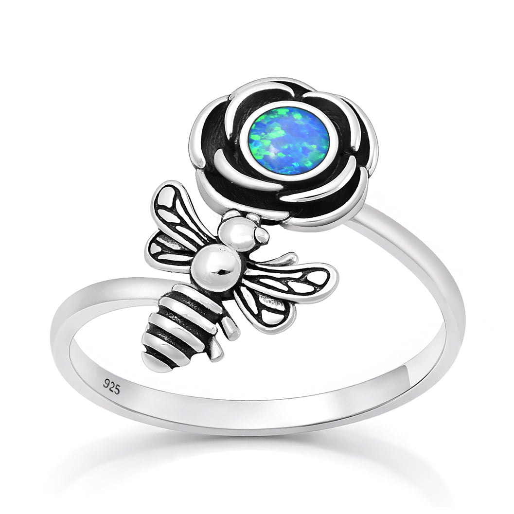 Silver Lab Opal Ring - Flower & Bee