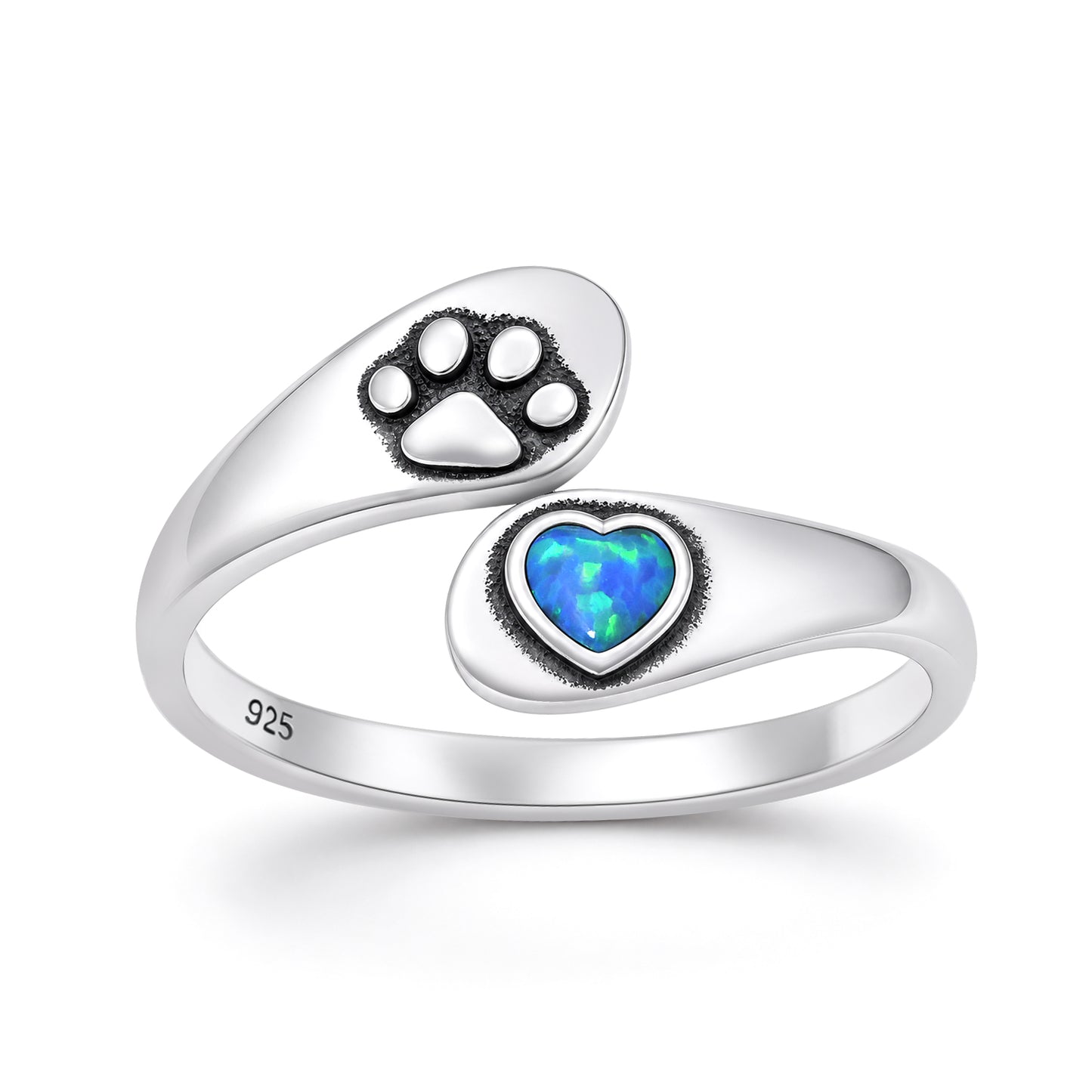 Silver Lab Opal Ring - Paw Print & Heart