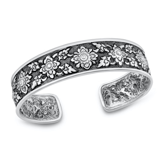 Handmade Floral Thai Silver Cuff Bracelet