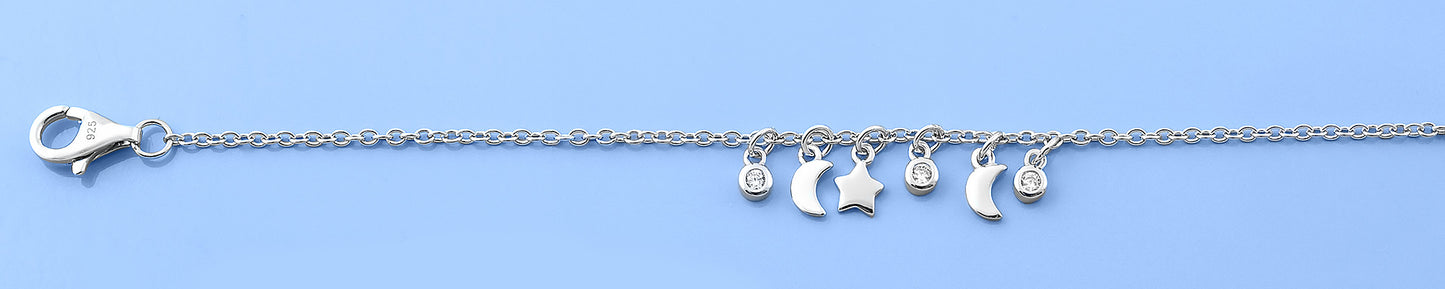 Silver Moon & Star CZ Charm Bracelet