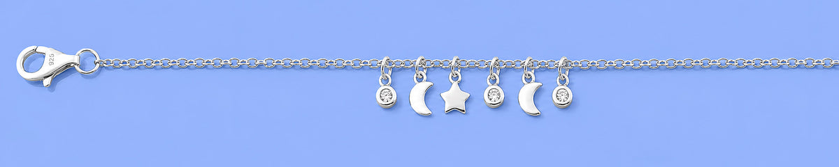 Silver Moon & Star CZ Charm Bracelet