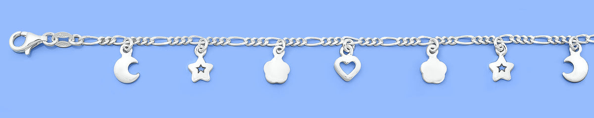 Silver Charm Bracelet - Heart, Moon, Star