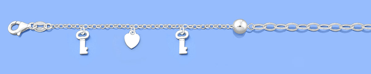 Silver Charm Bracelet - Key & Heart