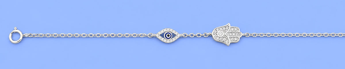 Silver CZ Bracelet - Hamsa & Evil Eye