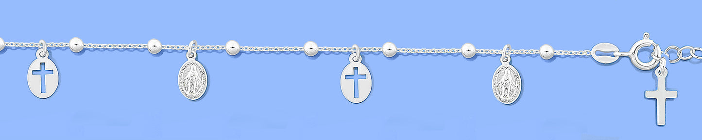 Silver Bracelet - Mary Miraculous & Crosses