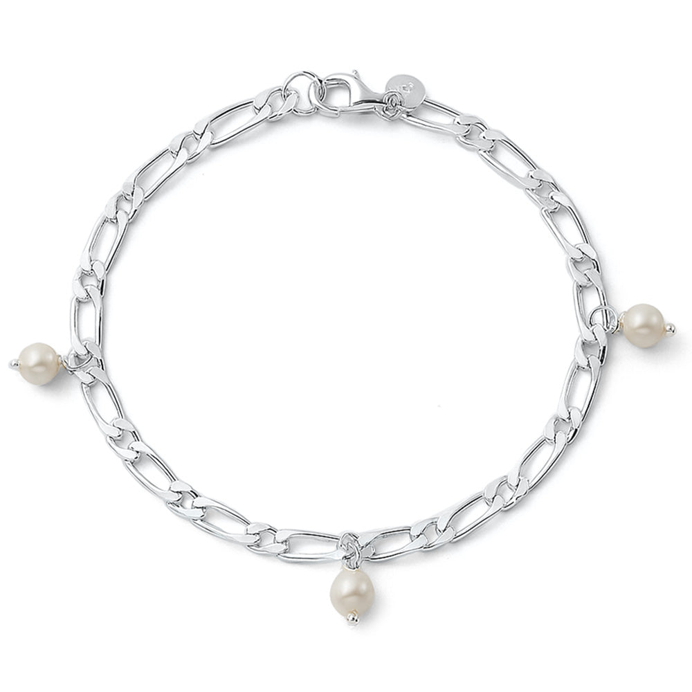 Silver Figaro Pearl Charm Bracelet
