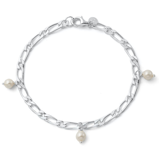 Silver Figaro Pearl Charm Bracelet