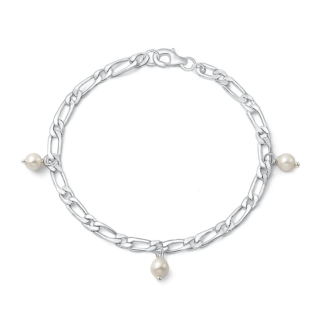 Silver Figaro Pearl Charm Bracelet - 3.6mm
