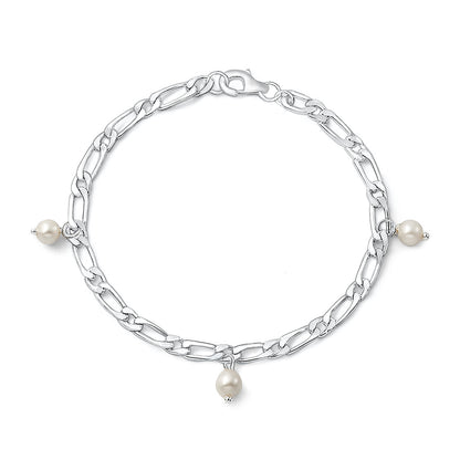 Silver Figaro Pearl Charm Bracelet - 3.6mm