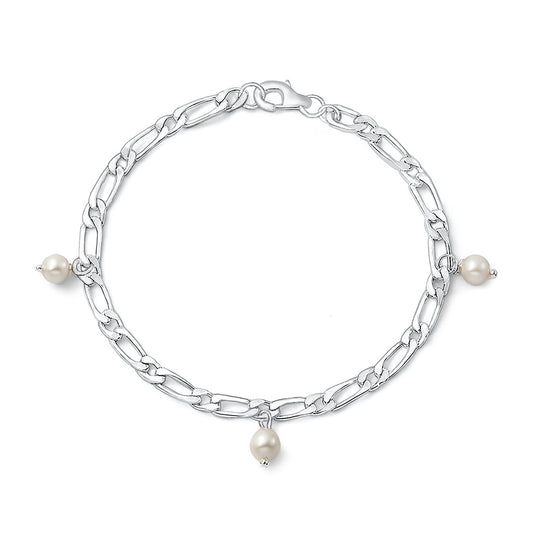 Silver Figaro Pearl Charm Bracelet - 3.6mm