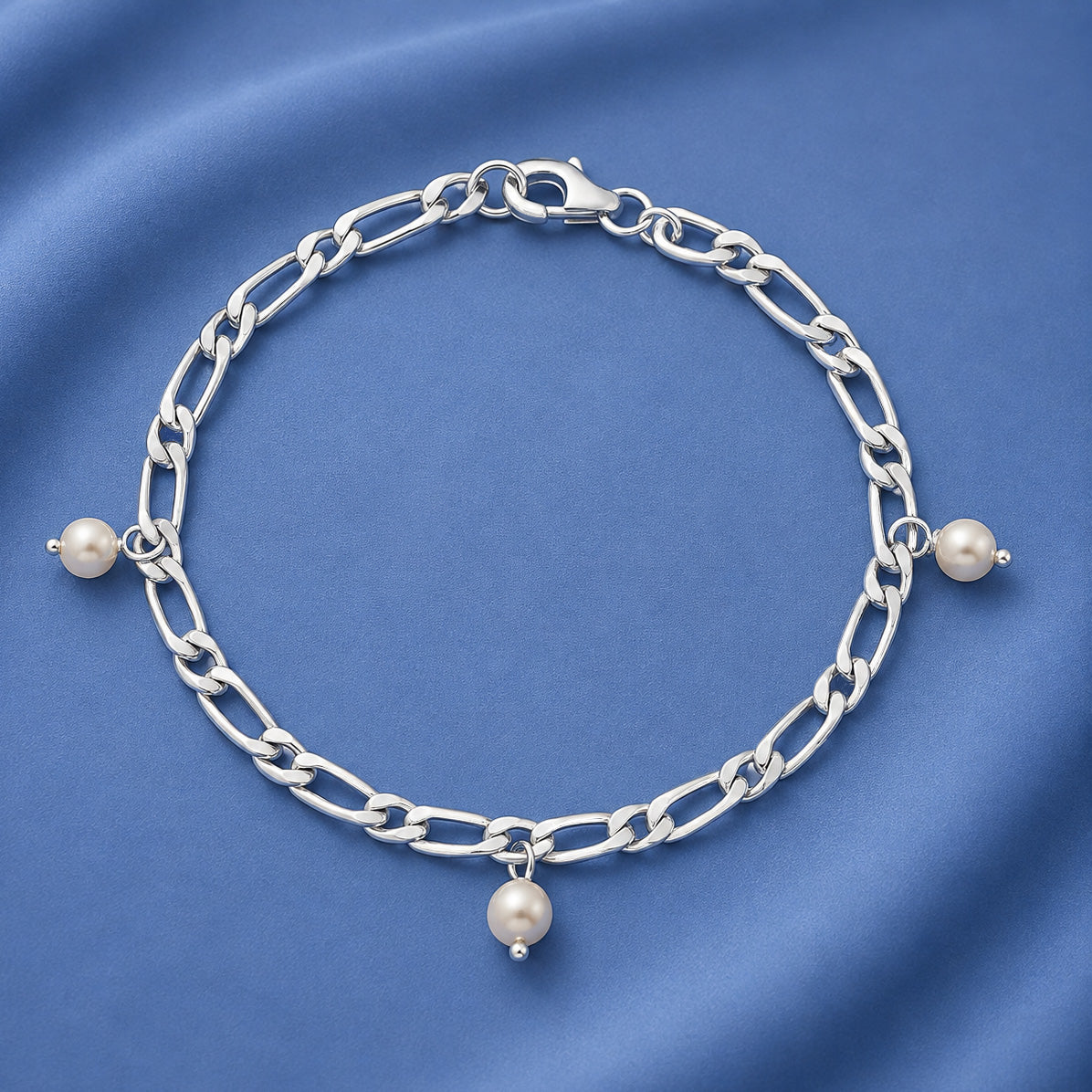 Silver Figaro Pearl Charm Bracelet - 3.6mm