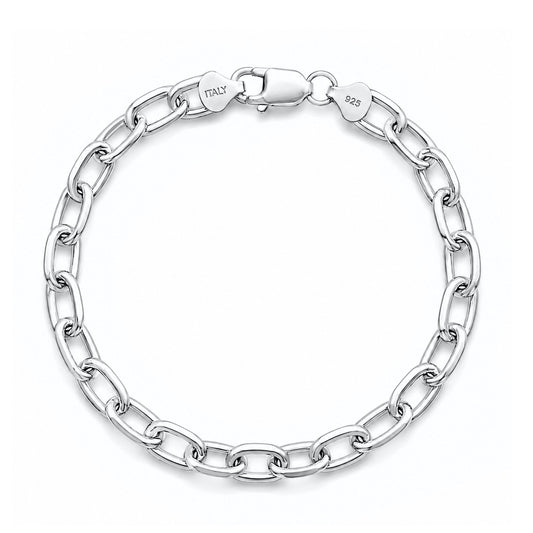 Silver Oval Beveled Edge Link Bracelet - 7.4 mm