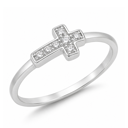 Silver CZ Ring - Sideways Cross
