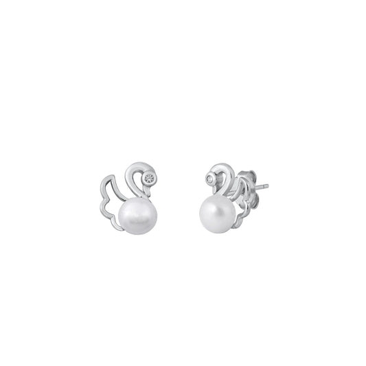 Silver CZ Earrings - Swan w/ Pearl
