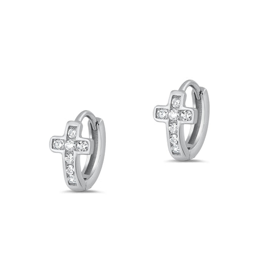 Silver CZ Earrings - Cross Huggie