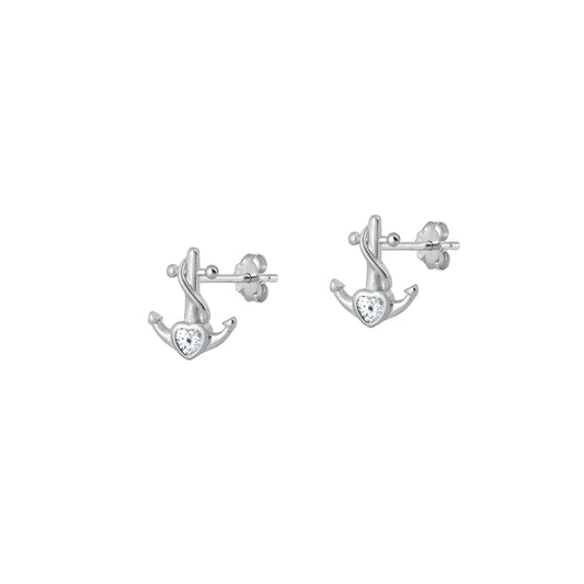 Silver CZ Earrings - Anchor & Heart