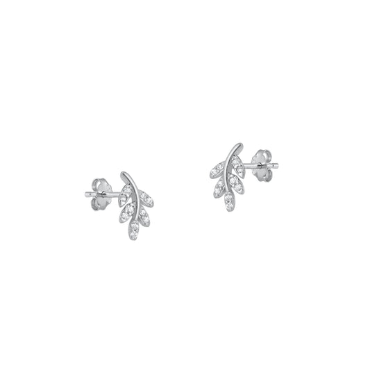 Silver CZ Earrings - Branch & Leaves