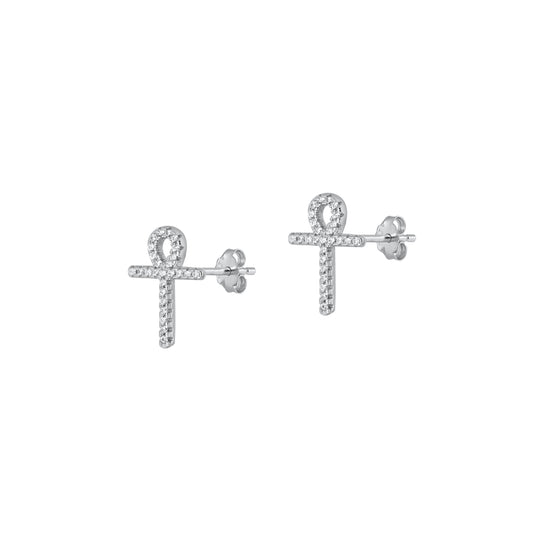 Silver CZ Earrings - Ankh Cross
