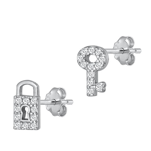 Silver CZ Earrings - Lock & Key