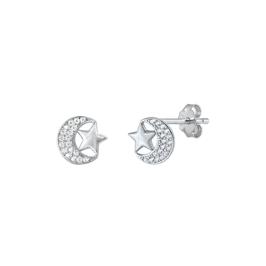 Silver CZ Earrings - Moon & Star