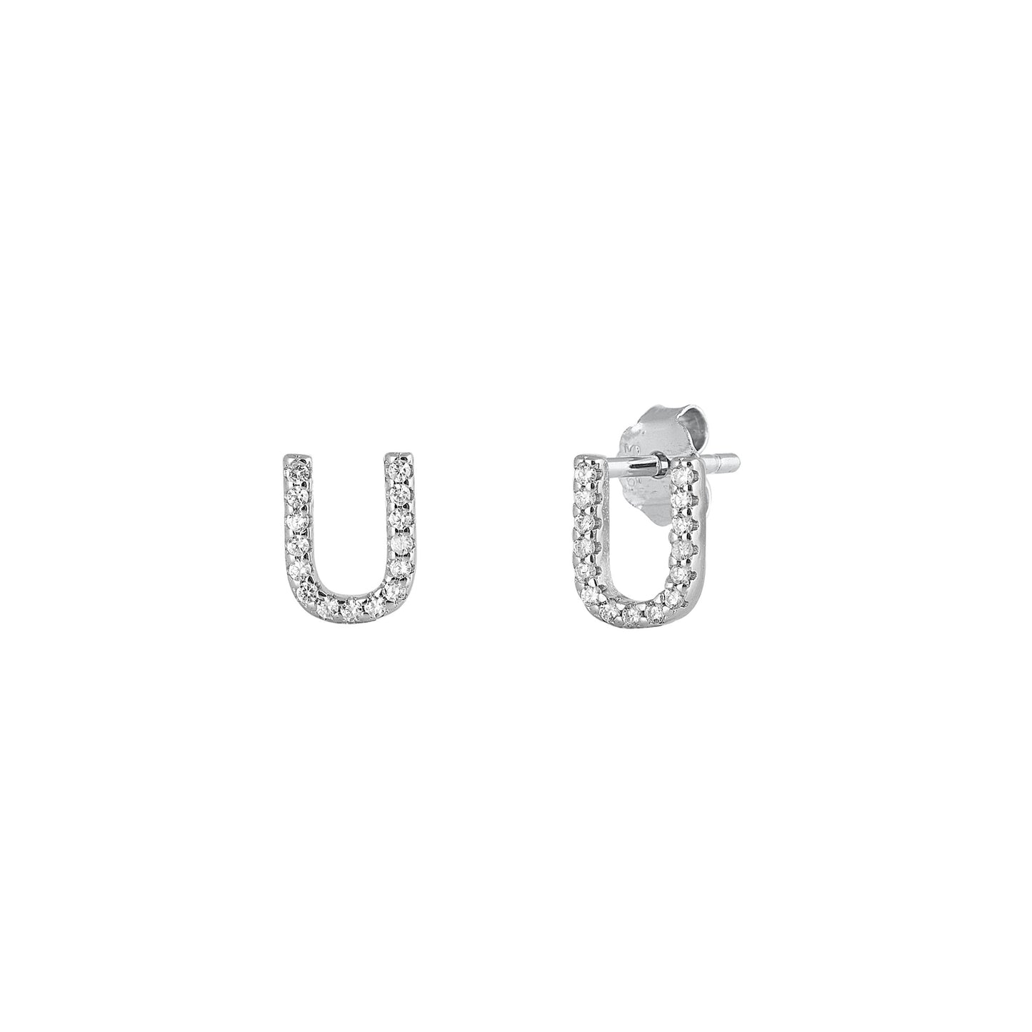 Silver CZ Initial Earrings - U