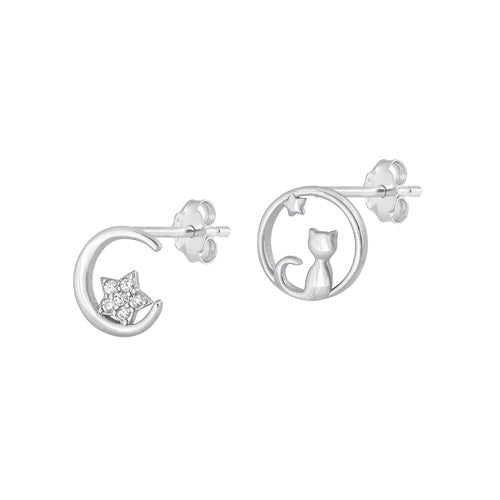 Silver CZ Earrings - Moon & Cat