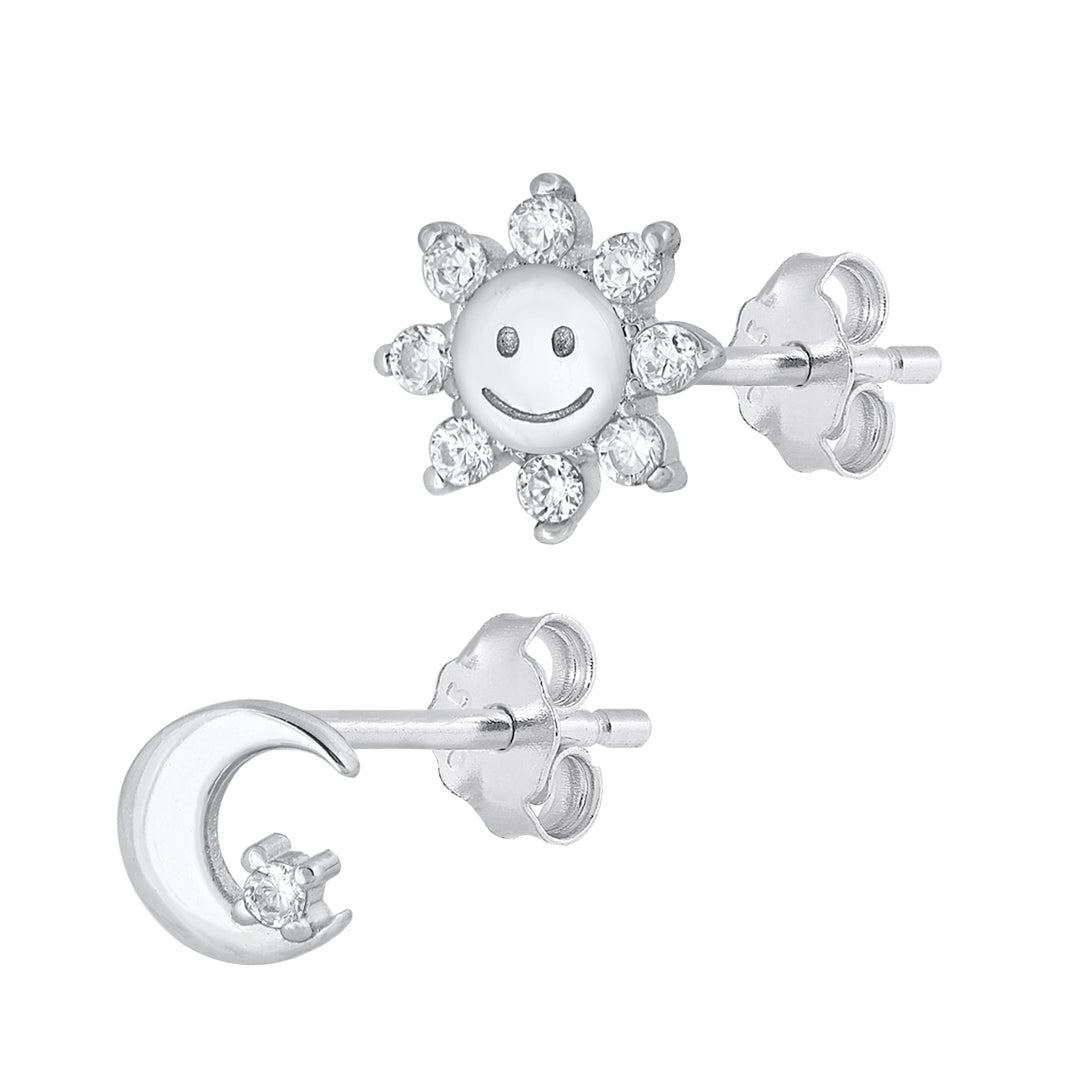 Silver CZ Earrings - Sun & Moon