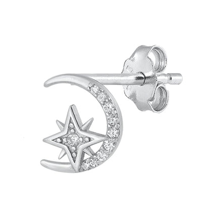 Silver CZ Earrings - Moon & Star