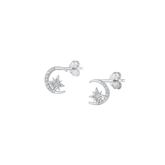 Silver CZ Earrings - Moon & Star