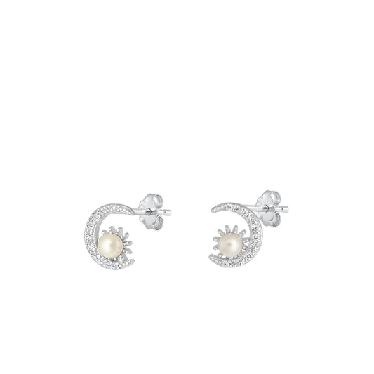 Silver CZ Earrings - Moon & Star