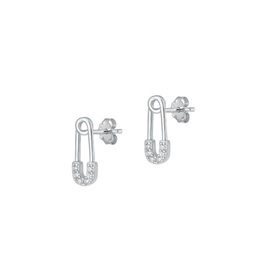 Silver CZ Earrings - Safety Pin