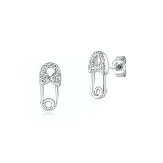 Silver CZ Earrings - Safety Pin